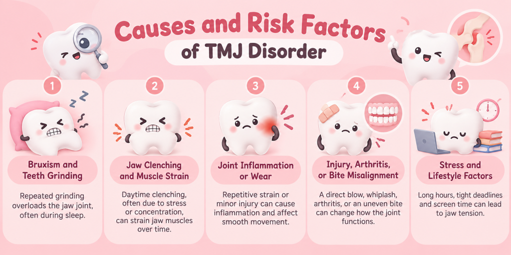 infographic article about causes and risk factors of TMJ disorder