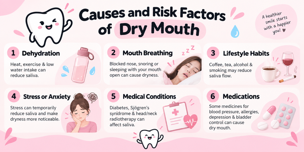 infographic article about Causes and Risk Factors of Dry Mouth